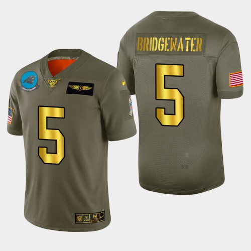 Carolina Carolina Panthers #5 Teddy Bridgewater Men's Olive Gold 2019 Salute to Service Limited 100 Jersey Men's