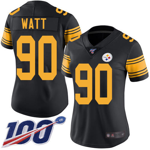 Steelers #90 T. J. Watt Black Women's Stitched Limited Rush 100th Season Jersey