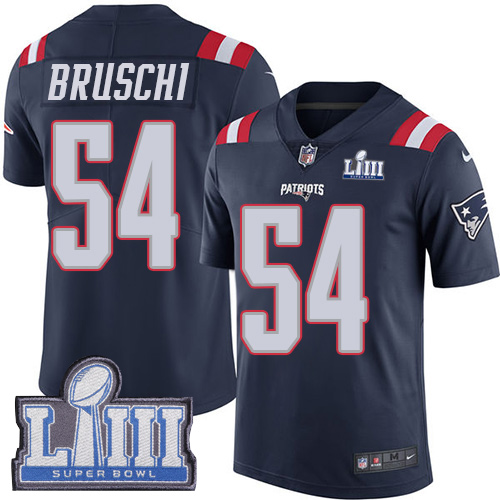 New England Patriots #54 Tedy Bruschi Navy Blue Super Bowl LIII Bound Men's Stitched Limited Rush Jersey Men's