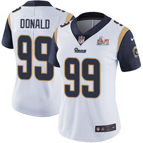 Rams #99 Aaron Donald White Super Bowl LVI Patch Women's Stitched Vapor Untouchable Limited Jersey
