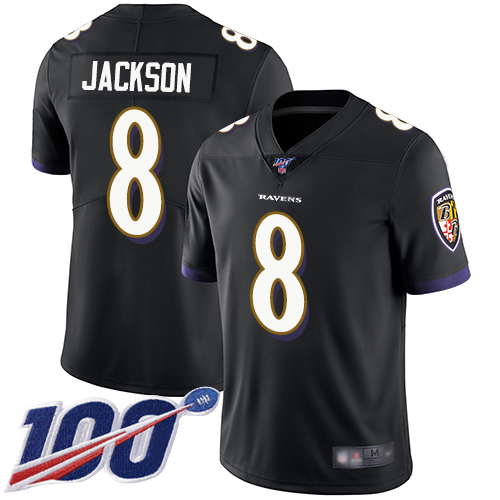Ravens #8 Lamar Jackson Black Alternate Men's Stitched 100th Season Vapor Limited Jersey