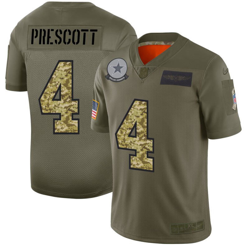 Dallas Cowboys #4 Dak Prescott Men's 2019 Olive Camo Salute To Service Limited Jersey