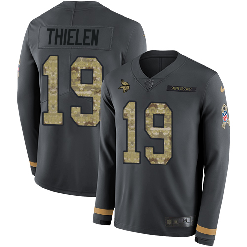 Vikings #19 Adam Thielen Anthracite Salute To Service Men's Stitched Limited Therma Long Sleeve Jersey