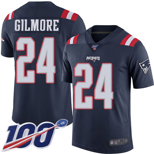 New England Patriots #24 Stephon Gilmore Navy Blue Men's Stitched Limited Rush 100th Season Jersey Men's