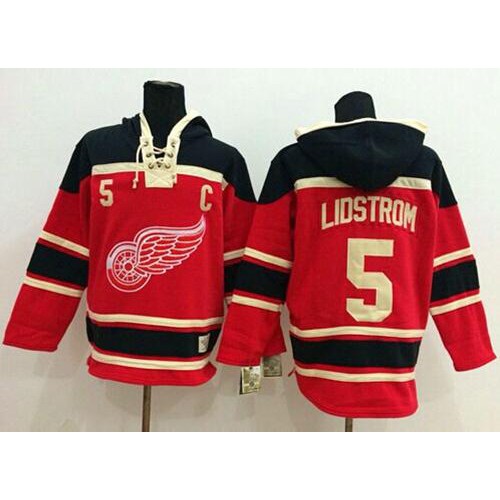 Detroit Red Wings #5 Nicklas Lidstrom Red Sawyer Hooded Sweatshirt Stitched Jersey Men's
