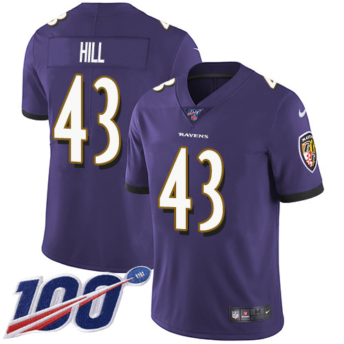 Baltimore Ravens #43 Justice Hill Purple Team Color Youth Stitched 100th Season Vapor Untouchable Limited Jersey Youth