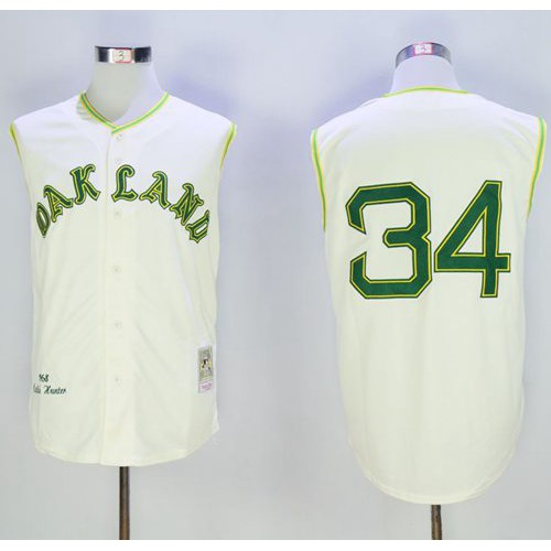Mitchell And Ness 1968 Oakland Athletics #34 Rollie Fingers Cream Throwback Stitched Jersey Men's