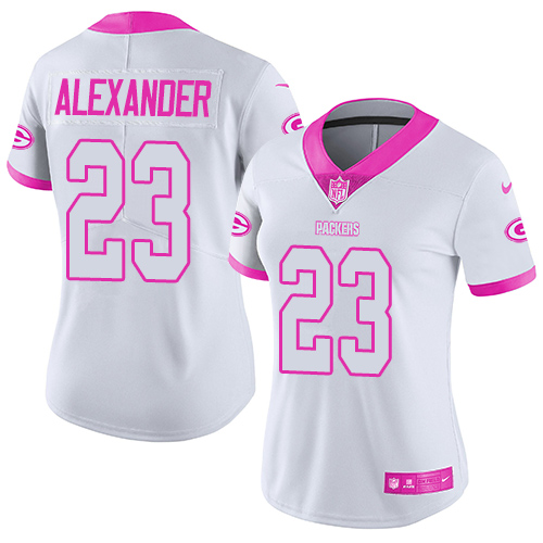 Packers #23 Jaire Alexander White/Pink Women's Stitched Limited Rush Fashion Jersey