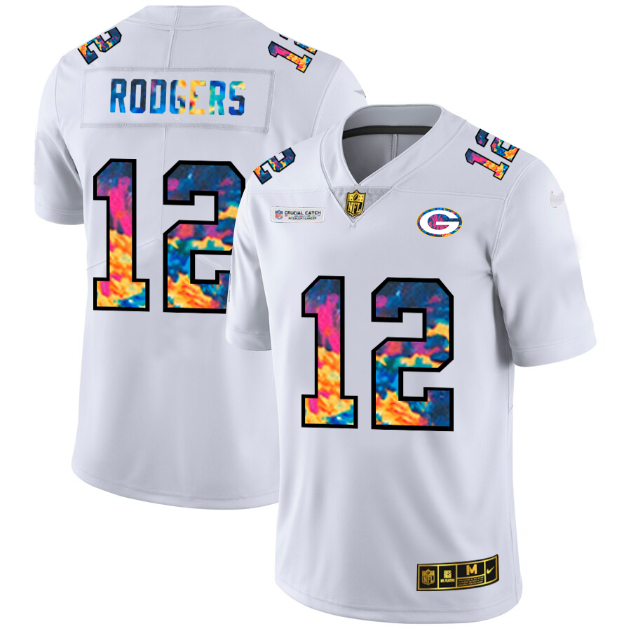 Green Bay Packers #12 Aaron Rodgers Men's White Multi-Color 2020 Crucial Catch Limited Jersey