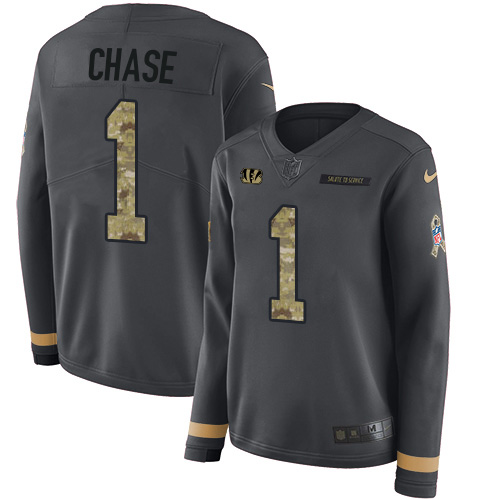 Bengals #1 Ja'Marr Chase Anthracite Salute To Service Women's Stitched Limited Therma Long Sleeve Jersey
