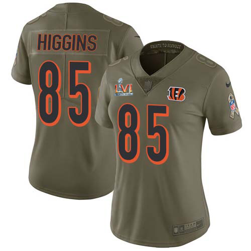 Bengals #85 Tee Higgins Olive Super Bowl LVI Patch Women's Stitched Limited 2017 Salute To Service Jersey