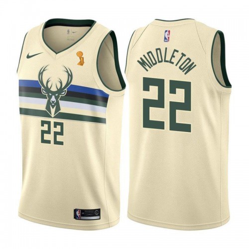 Milwaukee Bucks #22 Khris Middleton 2021 Finals Champions Swingman City Edition Jersey Cream Mens