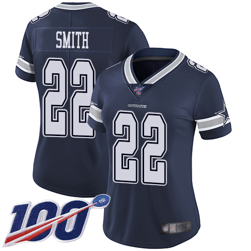 Cowboys #22 Emmitt Smith Navy Blue Team Color Women's Stitched 100th Season Vapor Limited Jersey