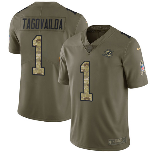 Dolphins #1 Tua Tagovailoa Olive/Camo Youth Stitched Limited 2017 Salute To Service Jersey