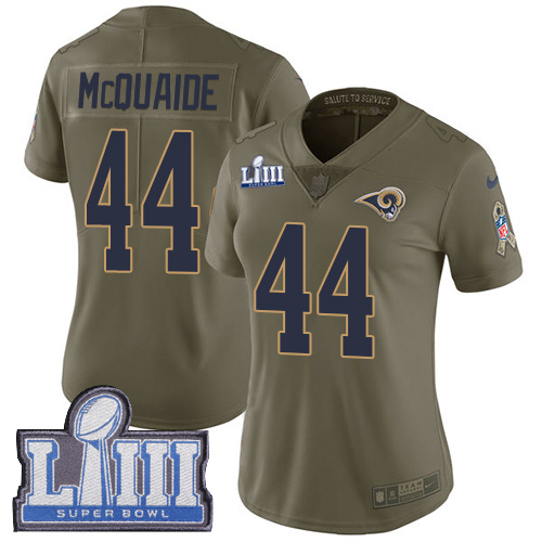 Los Angeles Rams #44 Jacob McQuaide Olive Super Bowl LIII Bound Women's Stitched Limited 2017 Salute to Service Jersey Womens