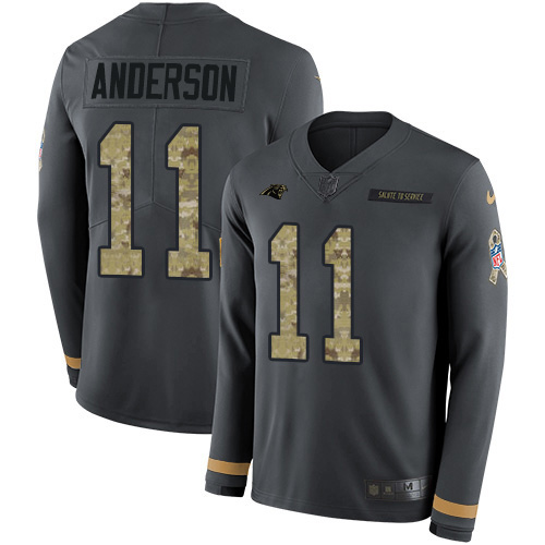 Carolina Panthers #11 Robby Anderson Anthracite Salute to Service Youth Stitched Limited Therma Long Sleeve Jersey Youth