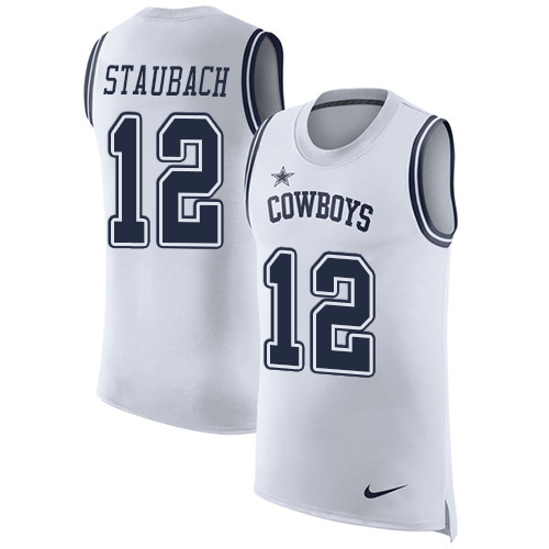 Cowboys #12 Roger Staubach White Men's Stitched Limited Rush Tank Top Jersey