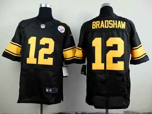 Steelers #12 Terry Bradshaw Black(Gold No.) Men's Stitched Elite Jersey
