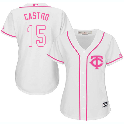 Minnesota Twins #15 Jason Castro White/Pink Fashion Women's Stitched Jersey Womens