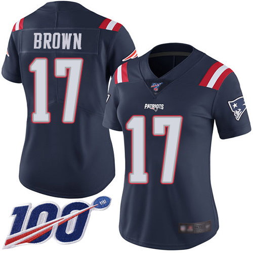 New England Patriots #17 Antonio Brown Navy Blue Women's Stitched Limited Rush 100th Season Jersey Womens