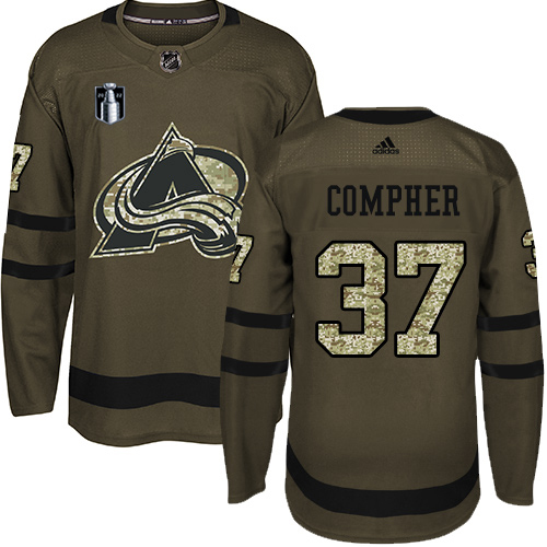 Adidas Colorado Avalanche #37 J.T. Compher Green Youth 2022 Stanley Cup Final Patch Salute to Service Stitched Jersey Youth