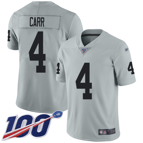 Raiders #4 Derek Carr Silver Youth Stitched Limited Inverted Legend 100th Season Jersey