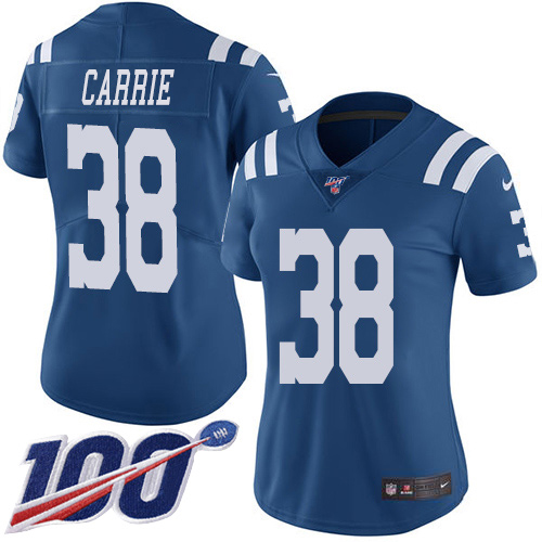 Indianapolis Colts #38 T.J. Carrie Royal Blue Women's Stitched Limited Rush 100th Season Jersey Womens