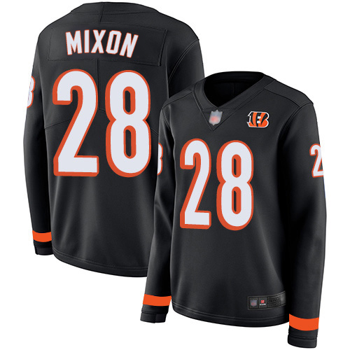 Bengals #28 Joe Mixon Black Team Color Super Bowl LVI Patch Women's Stitched Limited Therma Long Sleeve Jersey