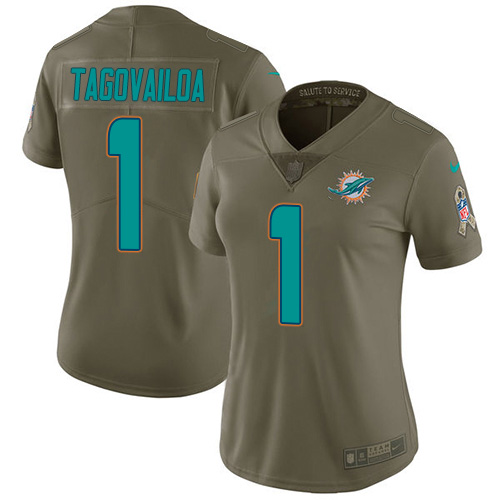 Dolphins #1 Tua Tagovailoa Olive Women's Stitched Limited 2017 Salute To Service Jersey