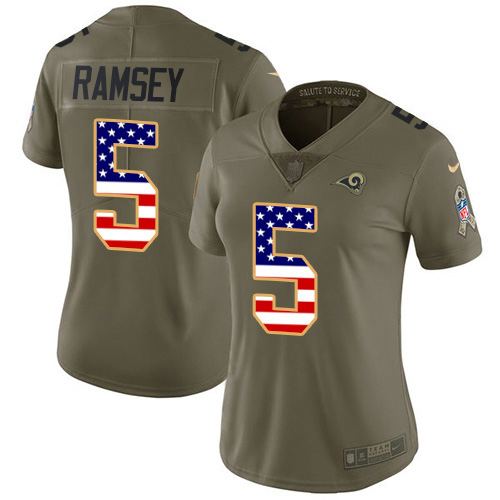 Los Angeles Rams #5 Jalen Ramsey Olive/USA Flag Women's Stitched Limited 2017 Salute To Service Jersey
