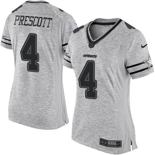 Cowboys #4 Dak Prescott Gray Women's Stitched Limited Gridiron Gray II Jersey