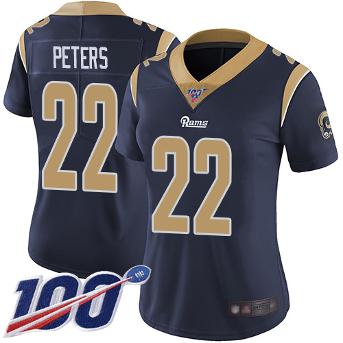 Los Angeles Rams #22 Marcus Peters Navy Blue Team Color Women's Stitched 100th Season Vapor Limited Jersey Womens