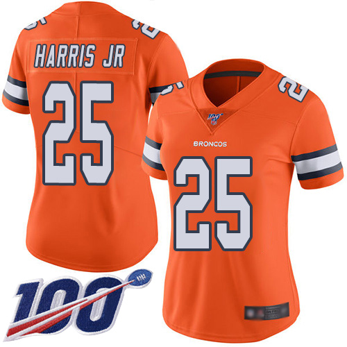 Denver Broncos #25 Chris Harris Jr Orange Women's Stitched Limited Rush 100th Season Jersey Womens