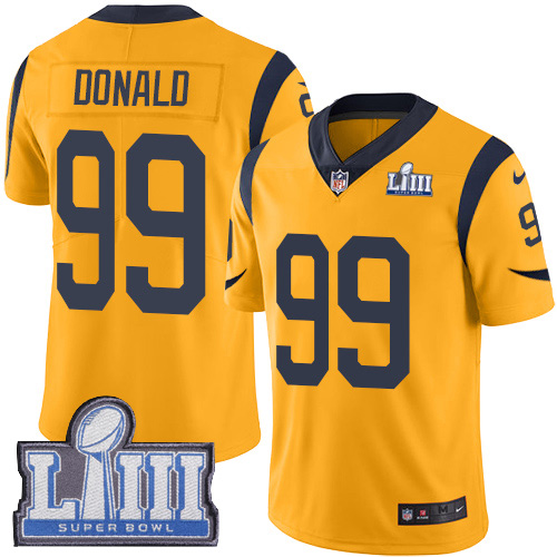 Rams #99 Aaron Donald Gold Super Bowl LIII Bound Men's Stitched Limited Rush Jersey