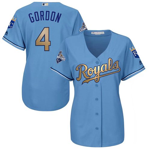 Kansas City Royals #4 Alex Gordon Light Blue Women's 2015 World Series Champions Gold Program Cool Base Stitched Jersey Womens