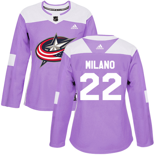 Adidas Columbus Blue Jackets #22 Sonny Milano Purple Authentic Fights Cancer Women's Stitched Jersey Womens