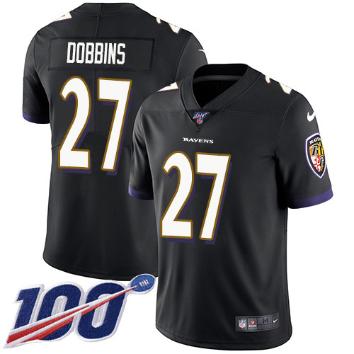 Baltimore Ravens #27 J.K. Dobbins Black Alternate Youth Stitched 100th Season Vapor Untouchable Limited Jersey Youth