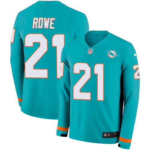 Miami Dolphins #21 Eric Rowe Aqua Green Team Color Men's Stitched Limited Therma Long Sleeve Jersey Men's