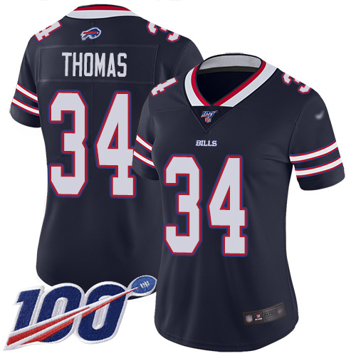 Buffalo Bills #34 Thurman Thomas Navy Women's Stitched Limited Inverted Legend 100th Season Jersey Womens