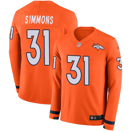 Broncos #31 Justin Simmons Orange Team Color Men's Stitched Limited Therma Long Sleeve Jersey
