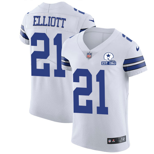 Cowboys #21 Ezekiel Elliott White Men's Stitched With Established In 1960 Patch New Elite Jersey