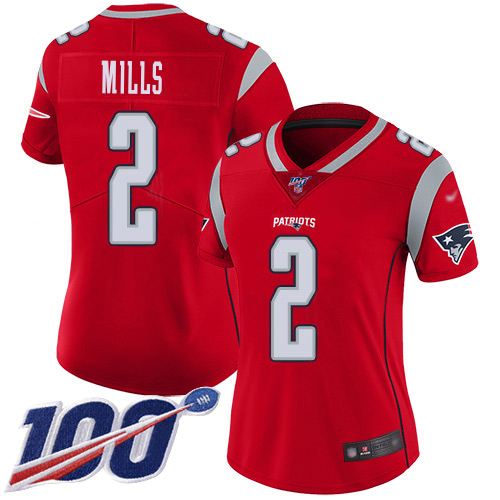 Patriots #2 Jalen Mills Red Women's Stitched Limited Inverted Legend 100th Season Jersey