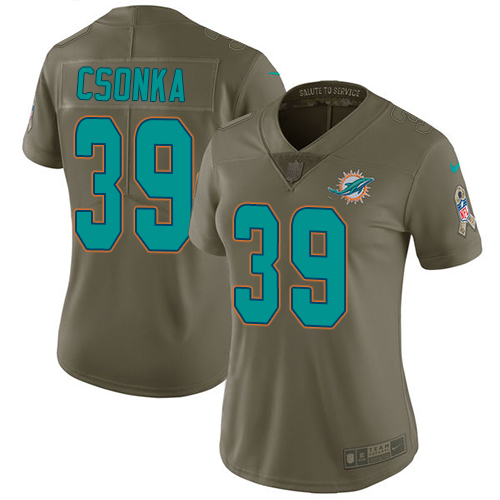 Miami Dolphins #39 Larry Csonka Olive Women's Stitched Limited 2017 Salute to Service Jersey Womens