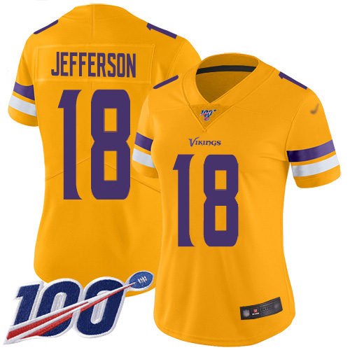Vikings #18 Justin Jefferson Gold Women's Stitched Limited Inverted Legend 100th Season Jersey