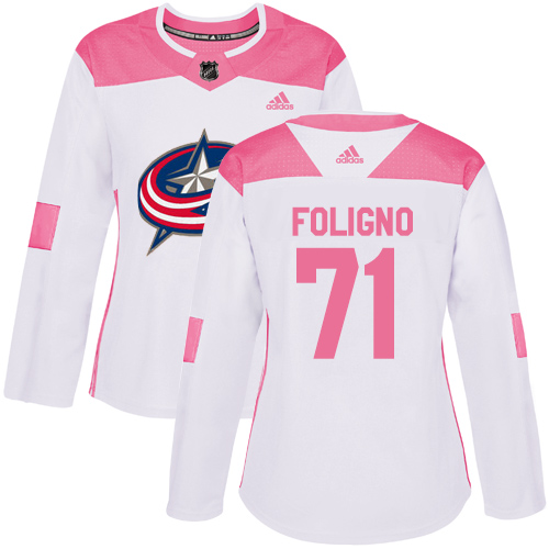Adidas Columbus Blue Jackets #71 Nick Foligno White/Pink Authentic Fashion Women's Stitched Jersey Womens