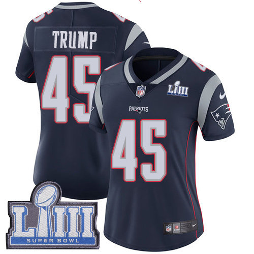 New England Patriots #45 Donald Trump Navy Blue Team Color Super Bowl LIII Bound Women's Stitched Vapor Untouchable Limited Jersey Womens