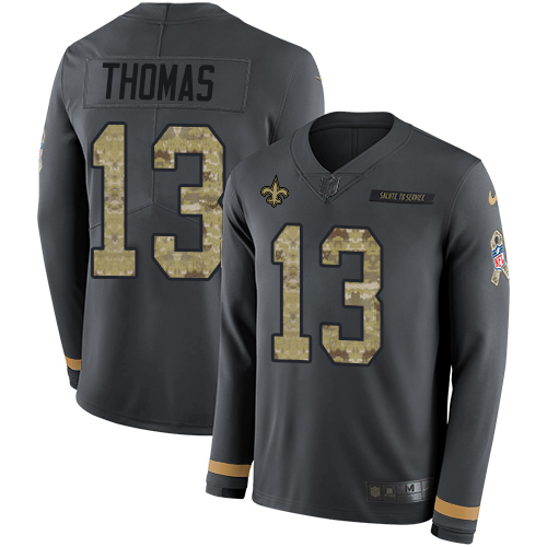 Saints #13 Michael Thomas Anthracite Salute To Service Men's Stitched Limited Therma Long Sleeve Jersey