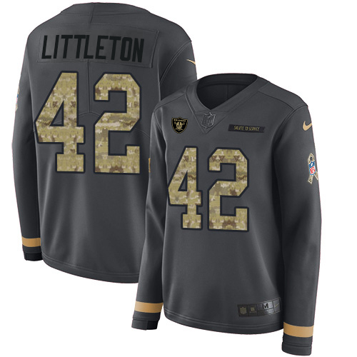 Las Vegas Raiders #42 Cory Littleton Anthracite Salute to Service Women's Stitched Limited Therma Long Sleeve Jersey Womens