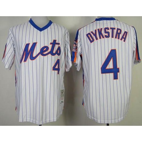 Mitchell and Ness New York Mets #4 Lenny Dykstra White Blue Strip Stitched Jersey Men's