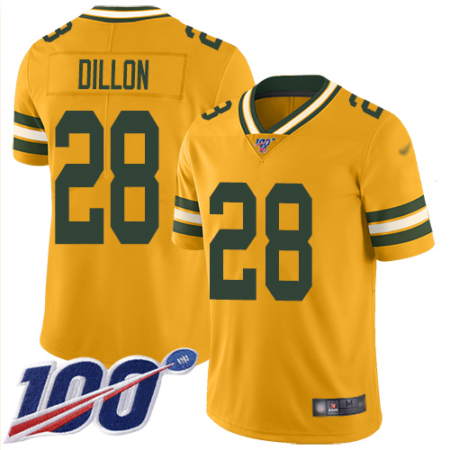 Packers #28 AJ Dillon Gold Men's Stitched Limited Inverted Legend 100th Season Jersey